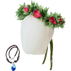 Merroyal Hawaiian Princess Costume Set, Floral Garland Headband with Hot Pink Flowers, Adjustable Necklace, Handmade in Kuwait