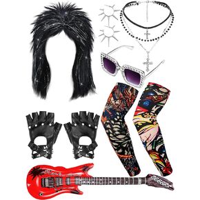 10 Pcs 80s Rock Costume Set Mardi Gras Spiked Wig Tattoo Sleeve Gloves Glasses Inflatable Guitar and More for Women
