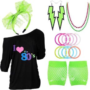 Halloween 80s Outfits Costume Accessories for Women,Off Shoulder T-Shirt for 80s