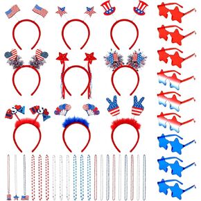 39 PCS Fourth of July Accessories 4th of July Headband Bead Necklace Star Glasses Patriotic Head Boppers Headband USA Necklaces for Red White Blue Party Supplies Favors Decorations