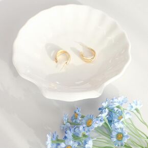 Shell Ring Dish Tray, Ceramic Jewelry Tray Trinket Dish, Seashell Key Holder Bowl, Beach Room Coastal Decor Aesthetic, Ocean Bathroom Counter Decor, White, Small