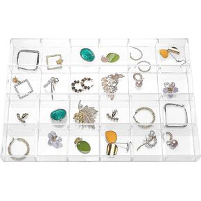 Large Clear Jewelry Organizer Display Tray, Storage Case for Rings, Earrings, Necklaces, Acrylic Drawer Organizer Trays (24 Grids)