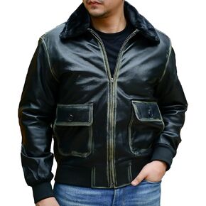 Jild Navy G-1 Real Leather Bomber Jacket Men with Removable Fur Collar - Vintage Flight Aviator Leather Jacket Men