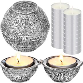 Jewish Shabbat Metal Travel Candle Holders Silver Travel Size Jerusalem Candlesticks with 10 Pcs Mini Tealight Candles Small White Votive Tea Lights Candles Unscented Set for Home Shabbat