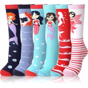 6 Pairs Kids Girls Knee High Socks Kids Girls Mermaid Cotton Crew Animal Pattern Tube Socks for 3-12 Years