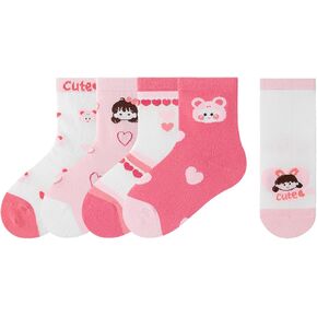 Girls Cotton Crew Socks, Cartoon & Floral-Animal Designs, Soft & Breathable for 2-12 Years, 5 Pairs(Pink/White)