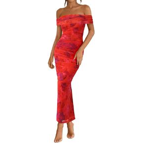BTFBM Off Shoulder Bodycon Dresses for Women 2025 Summer Ruched Split Mesh Cocktail Party Club Floral Maxi Dress