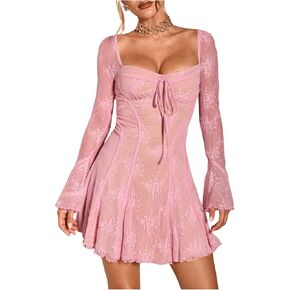 SOLY HUX Women's Lace Mesh Flare Long Sleeve Mini Dress Ruffle Flowy Party Cocktail Dresses