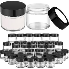 2 oz Small Glass Jars with Lids, Bumobum 48 pack Round Amber Glass Candle Jars with Black Lids, White Labels & Inner Liners, Empty Cosmetic Containers for Cream, Lotion, Slime