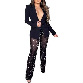 Tbahhir Sexy Blazers Suits for Women 2 Piece Outfits Long Sleeve Blazer and Mesh Sheer Pants Sets Clubwear Party