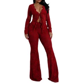 VOIKERDR Two Piece Sets for Women Outfits Sexy Lace Top and Flared Pants Club Outfits for Women Going Out
