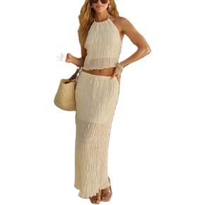 Womens 2 Piece Maxi Skirt Set Y2k Lace Up Halter Neck Tops and Flowy Long Skirt Summer Backless Beach Outfits