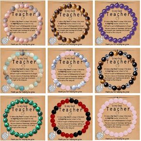 COLOYAN 9PCS Teacher Appreciation Gifts Natural Stone Beaded Bracelets for Women Men, Crystals Bracelet Gifts for Teacher, Thank You Teacher Gifts with Meaningful Card
