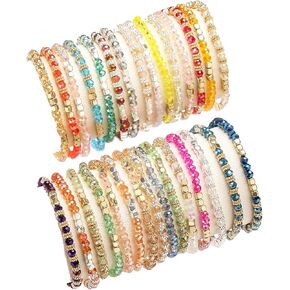 30Pcs Boho Beaded Bracelets for Women Colorful Stackable Sparkly Crystal Beads Bracelets Multi-Layer Versatile Statement Bracelets Stretch Cuff Jewelry Gifts
