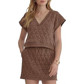 Fisoew Womens Argyle 2 Piece Outfits Skirt Sets Short Sleeve V Neck Tops and Casual Mini Skirts Lounge Sets