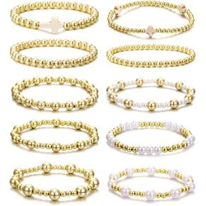 BOMAIL 10pcs Gold Beaded Bracelets for Women - Non Tarnish 14K Gold Plated Stackable Pearl Cross Dainty Gold Bracelets - Trendy Jewelry