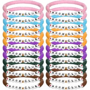 Tondiamo 24 Pack Book Club Gifts for Women Polymer Clay Beaded Book Lovers Bracelet Bulk Stretch Bracelet Librarian Readers Gifts Charm Jewelry Party Favor