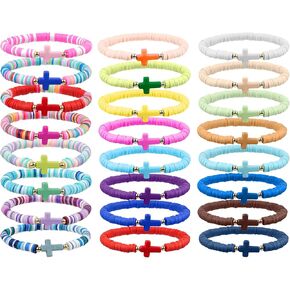 WOVTE Jesus Bracelets WWJD Bracelets Christian Bracelet Pack, Handmade Elastic Colorful Polymer Clay Beaded Bracelets Inspirational Religious Reminder Jewelry for Woman