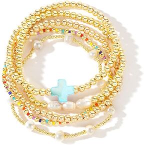 14K Gold Plated Pearl Beaded Cross Bracelets Stack Set for Women,Stretch Boho Colorful Christian Beads Ball Jewelry Friendship Summer Trendy Gift