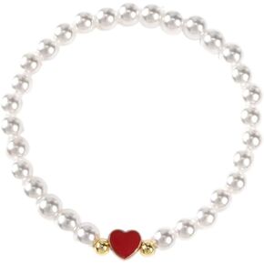Mothers Day Dainty Pearl Heart 14K Gold Beaded Plated Bracelets for Women,Cute Love Stretch Colorful Charming Prom Summer Jewelry Friendship Birthday Gift