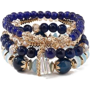 4Pcs Bohemia Multilayer Stackable Beaded Bracelets Set Colorful Crystal Stone Gold Beaded Stretch Bracelets Hawaii Charm Bracelet for Women Men Summer Beach Boho Vacation Jewelry Gifts