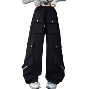 SANGTREE Cargo Pants for Girls Drawstring Waist Y2K Wide Leg Trousers with Pockets, 3-12 Years