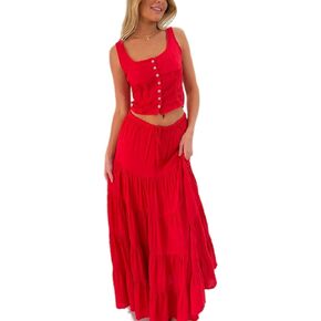 Y2k Maxi Skirt Sets 2 Piece Outfit for Women Flowy Ruched Ruffle Long Skirts and Backless Halter Tank Top Beach Set