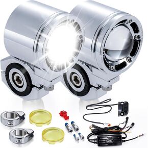 MoKitDora Harley Motorcycle Auxiliary Light Kit Driving Spotlights Fog Light with Mount Brackets Wire Harness Waterproof 72W for 41MM Front Fork, Chrome