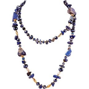 MINACHI Navy Long Necklace, Rough Stones, Coated Reflective Glass Beads, Luxury Vintage Chunky Jewelry for Women