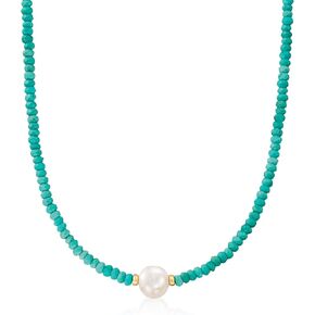 Ross-Simons 11.5-12.5mm Cultured Pearl and 4-5mm Turquoise Bead Necklace With 14kt Yellow Gold