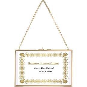JUXYES Wall Hanging Business License Frame Brass License Certificate Display Frame, Double Glass Floating Diploma Frames, Wall Mount Golden Graduation Frames for 4x9 and 3.5x8.5 Certificate Business Licenses