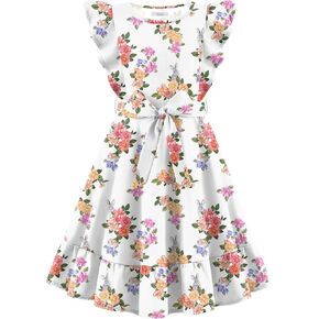 Arshiner Girls Spring Summer Dresses Flutter Sleeve A-line with Belted Pockets Casual Party Dress for Kids 6-16 Years