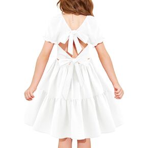 Arshiner Girls Summer Dress Tie Back Short Sleeve Square Neck Tiered Midi Casual Dresses with Pockets