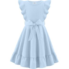 Arshiner Girls Spring Summer Dresses Flutter Sleeve A-line with Belted Pockets Casual Party Dress for Kids 6-16 Years in Kuwait