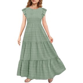 Mitilly Girls Summer Maxi Dress Cute Shuffle Short Sleve A Line line dish disual party dresses with mobicets 6-13 years