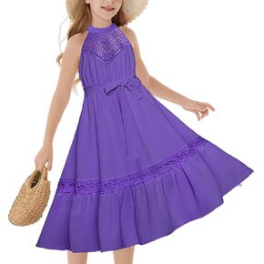 GRACE KARIN Girls Dresses Summer Spring Halter Maxi Dress Kids Ruffle Casual Flower Pleated Sun Dress Size 5-14