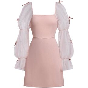 Girl's Bow Ruffle Dress Sheer Mesh Puff Long Sleeve Dresses Color Block Elegant Short Dresses
