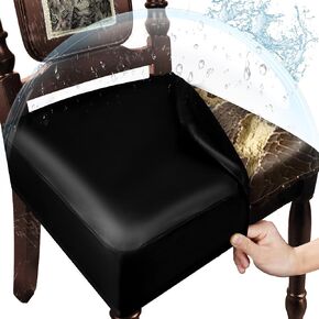 Leather Seat Covers for Dining Room Chairs Set of 4, Waterproof Kitchen Chair Seat Protector Slipcovers Made of 4-Way High Stretch PU Leather and Rear Covers Design (Black 4 Pcs)