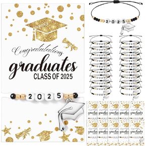 20 Pcs Graduation Gifts for Her Him Class of 2025 Graduation Bracelet Bulk with Cap Pendant Congratulations Card, Adjustable