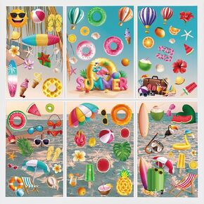 100pcs summer window clings ، ملصقات النوافذ القابلة لإعادة الاستخدام لشارات النوافذ ، كربات هاواي الشاطئية على الوجهين للزخارف الصيفية (9 أوراق)