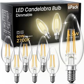 مصابيح شمعدان TJOY LED قابلة للتعتيم، مصابيح إضاءة ثريا مكافئة 60 وات، 4.5 وات 2700 ك أبيض دافئ، 500 لومن، قاعدة E12، B11 لمبة شمعة زجاجية شفافة من خيوط LED عتيقة لمروحة السقف والثريات، 12 حزمة
