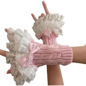 Y2K Women Teen Girls Knitted Arm Warmers Japanese Harajuke Cosplay Lolita Cute Fingerless Mittens Thumb Hole Gloves