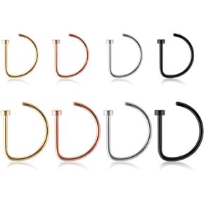 8PCS Titanium Fake Nose Ring Hoops Set D Shaped Fake Nose Ring Hoops Set, Silver Faux Nose Rings Nose Hoops, Screw Nose Studs Diamond Small Piercing Jewelry for Women Men