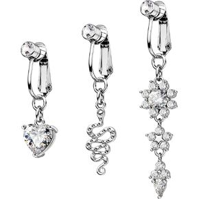 OUFER 3PCS Fake Belly Button Piercing Jewelry, Non-Piercing Clip on Belly Button Rings, Surgical Steel Dangle Clear CZ Faux Navel Rings for Women Men