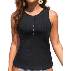 Black Tankini Tops for Women - High Neck Swim Top Only Ribbed Bathing Suits Button Swimsuit No Bottom L