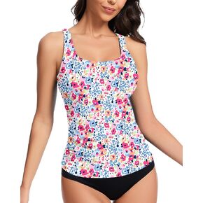 WOWENY Womens Swim Tankini Tops Only Bathing Suit Tops Slim Fit Swimwear UPF 50+ Ruch Tummy Control Swimsuits No Bottom
