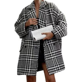 chouyatou Women Winter Houndstooth Wool Blend Coat Notch Lapel Loose Warm Mid Long Double Breasted Peacoat