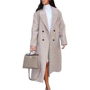 Flygo Womens Long Pea Coat Double Breasted Notch Lapel Trench Coat Office Work Peacoat Jacket Dress Coat