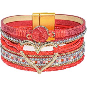 Heart Leather Wrap Bracelet for Women, Boho Cuff Bracelet with Strong Clasp, Rhinestone Multilayer Stackable Bracelet
