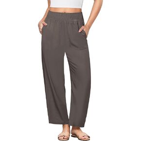 GRAPENT Linen Pants Women Wide Leg High Waisted Cropped Barrel Pull On Smocked Elastic Waist Summer Pants with Pockets